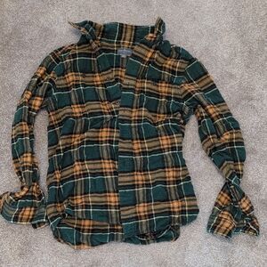 L.L. Bean Signature Green and Orange Plaid Casual Button Down Shirt